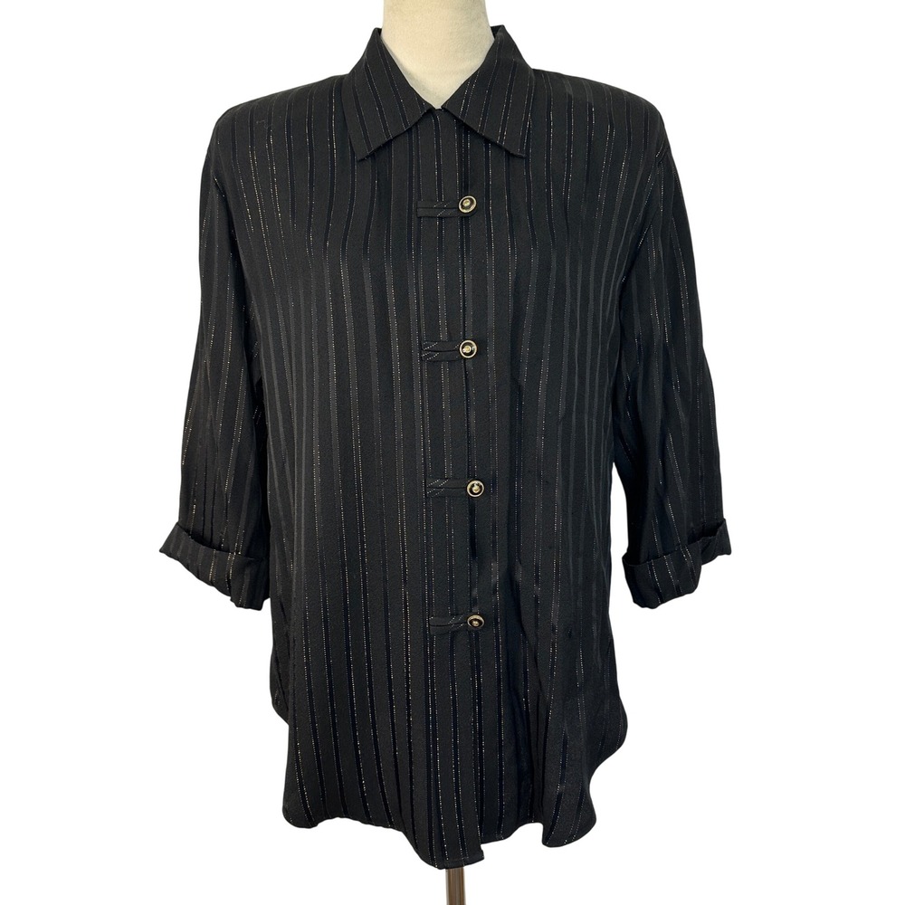 S.L. Fashions Metallic Stripe Button Down Top Career Casual Womens Size 8 Black
